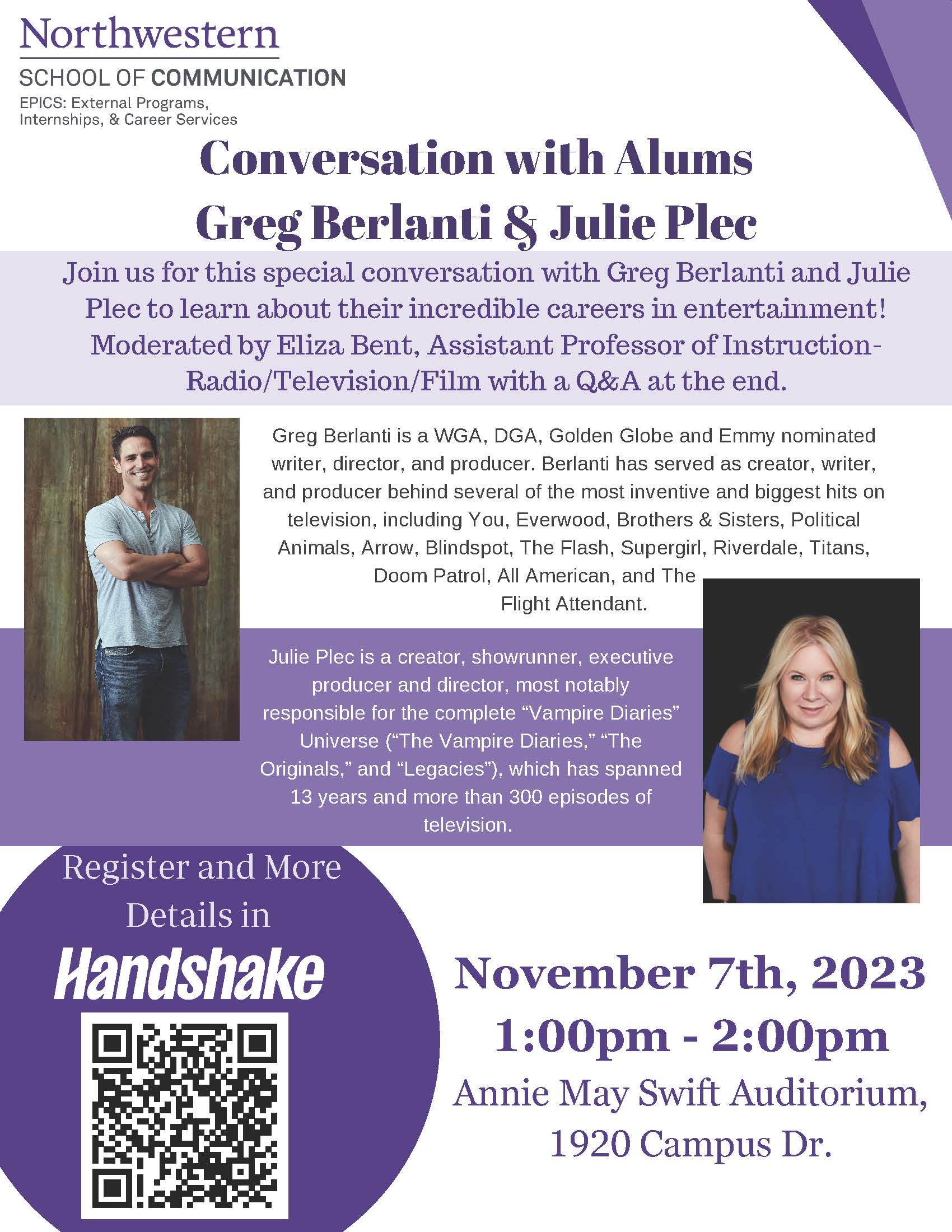 Conversation with Alums Greg Berlanti & Julie Plec: Nov 7, 1-2pm